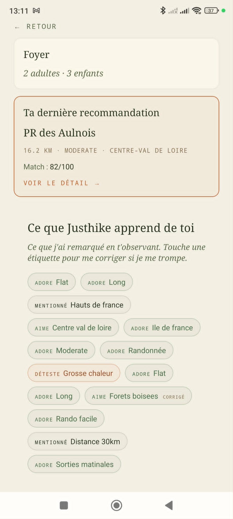 Préférences apprises et modifiables dans l’application Justhike