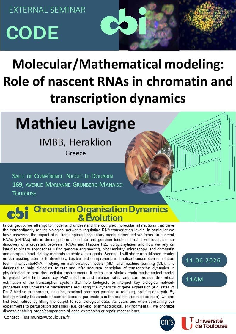 Mathieu Lavigne - Molecular/Mathematical modeling:
Role of nascent RNAs in chromatin and transcription dynamics